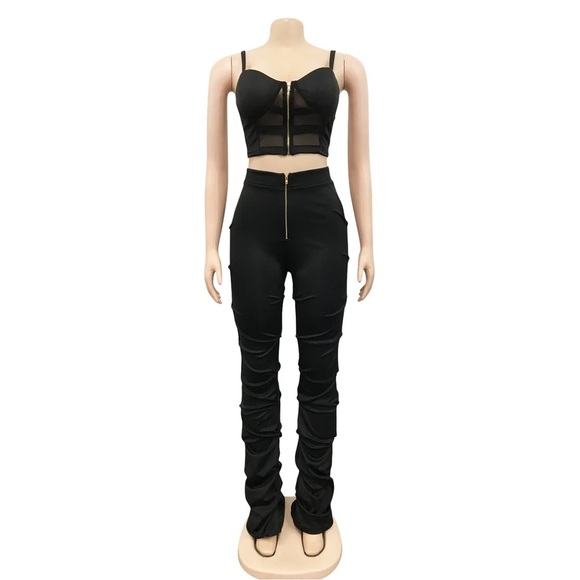 Pants - Street Sexy Women Outfit MeshCrop Top Stacked Ruched Pants Matching Two Piece L